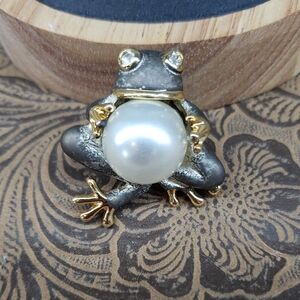 Vintage Silver Tone Gold Tone Faux Pearl Frog Brooch Pin